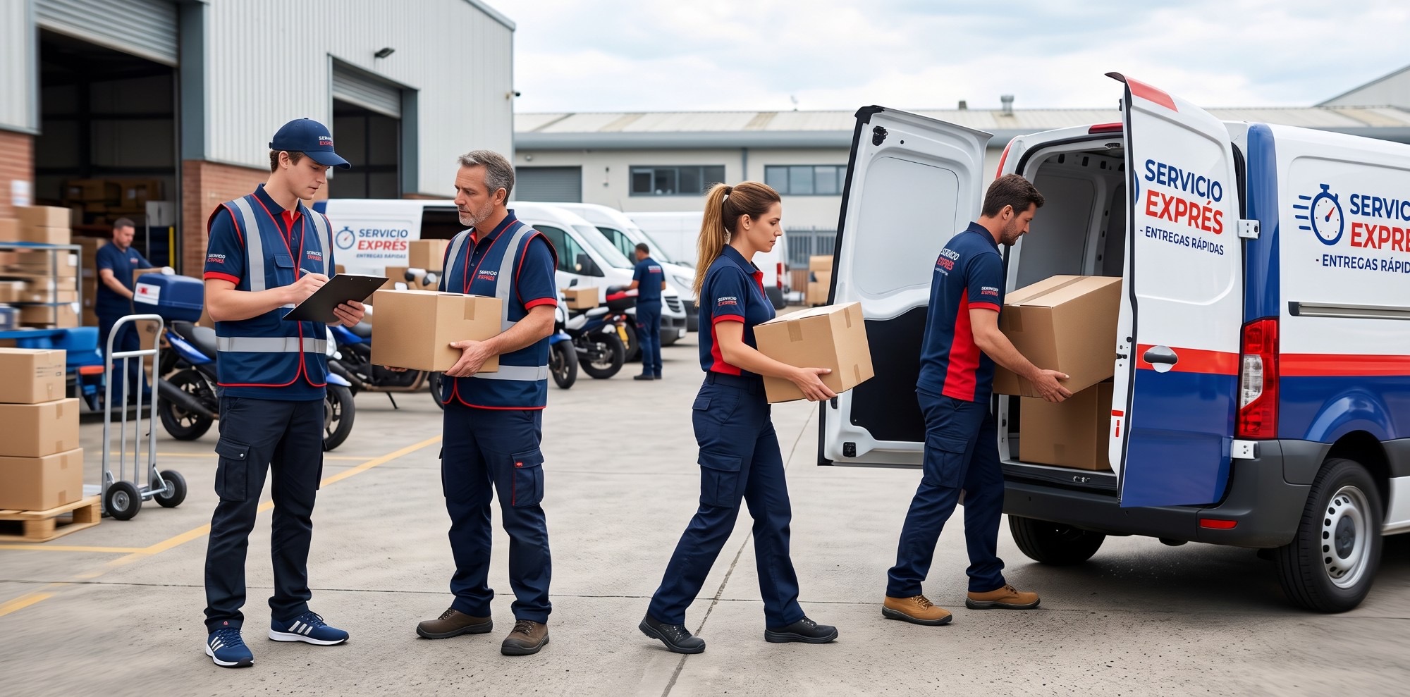Equipo de Mundo Express cargando paquetes junto a una camioneta de reparto